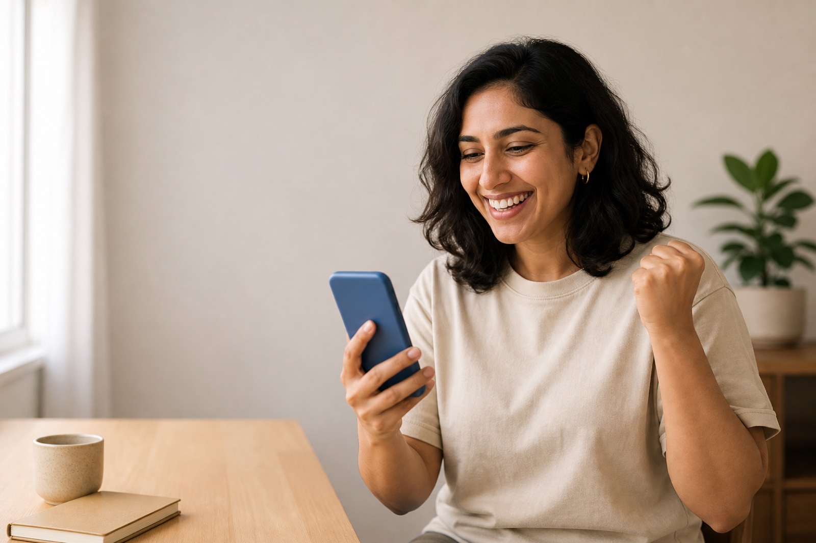 A shop owner at her desk grins at her phone and pumps her fist — a sale just came in.